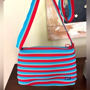 Vintage Zip-it Zipper Purse Striped Red Turquoise Crossbody Bag Retro
